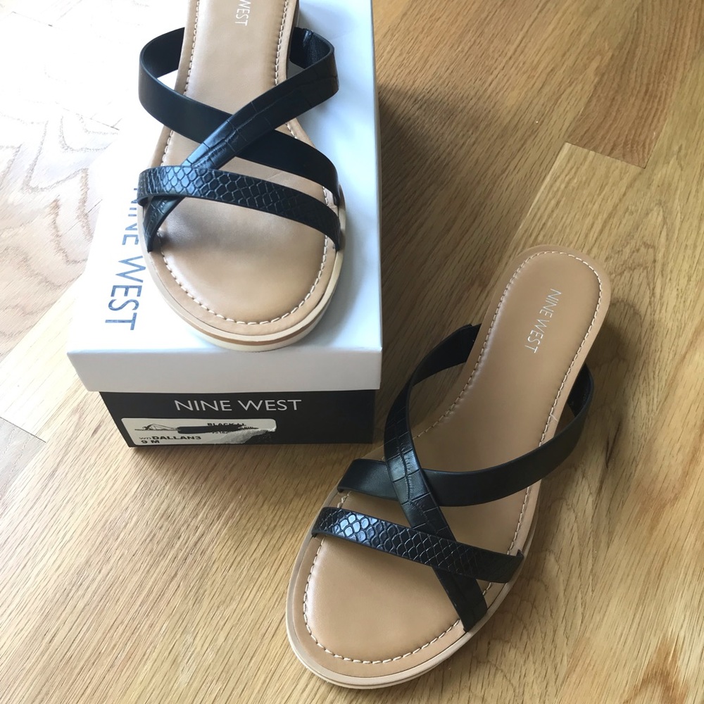 Nine West Black Dallan Slide Wedge Sandals Sz 9M